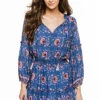 Maggie Long Sleeve Mini Dress -Cheap New Bikini World Store R024 MAGGIE Apparel Dress Vintage Flowers Azure Front